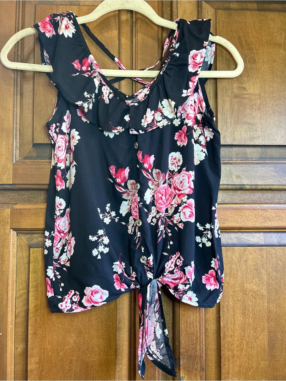 No Boundaries Multi Color Floral Rayon Blouse w/ Ruffle Collar Trim SZ XS - Picture 2 of 6